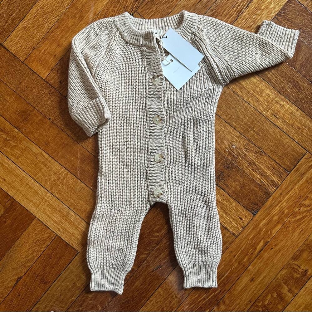 Cream Ribbed Knit Footies with Henley Placket